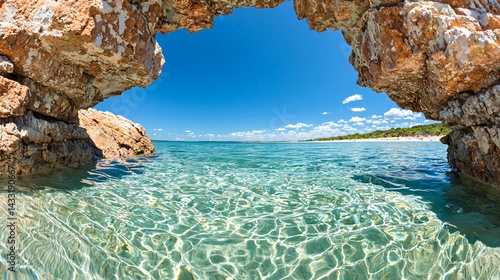 A hidden cove with turquoise water, smooth rocks framing the beach, gentle waves, and a clear blue sky