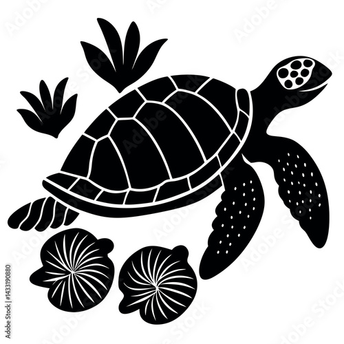 Sea-turtle-swimming-with-seashells-and-coral 