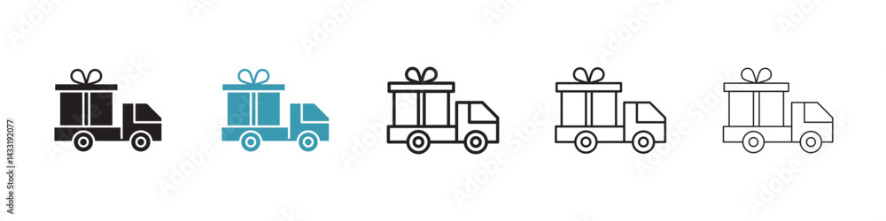 Truck carrying gift box icon in flat style. Basic vector symbol illustration Truck carrying gift box icon in flat style. Basic vector symbol illustration