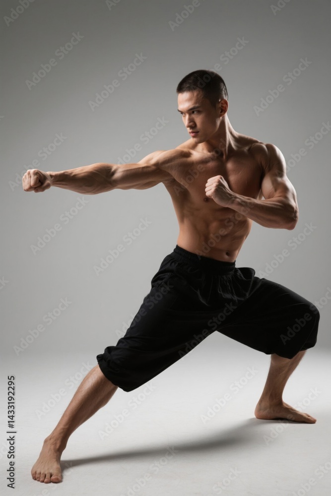 Obraz premium arafed man in black shorts doing a karate pose