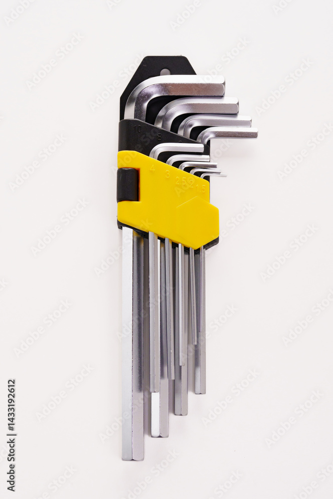 Set of hex imbus keys made of durable steel with tempering on a white background