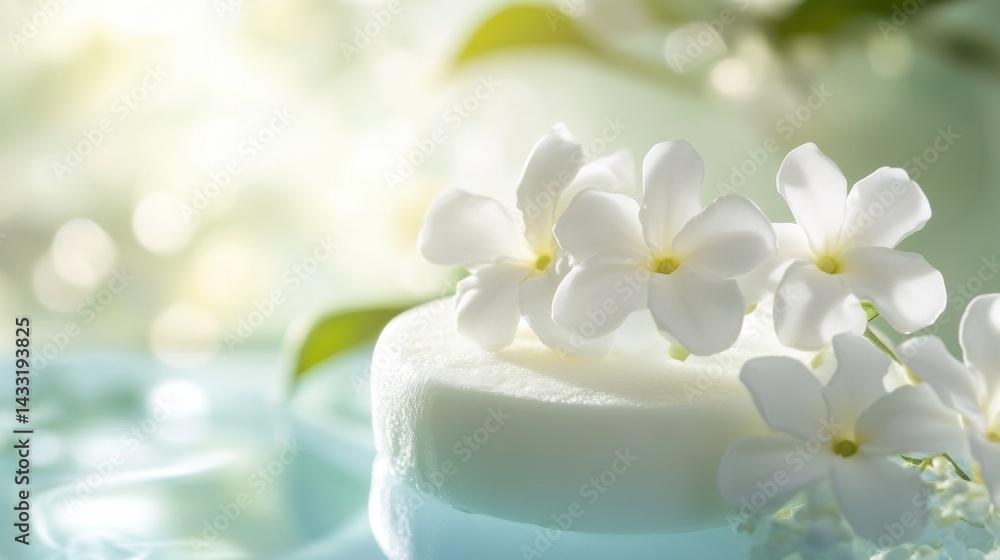 Soft, white, spa-like soap with delicate flowers Soft, white, spa-like soap with delicate flowers
