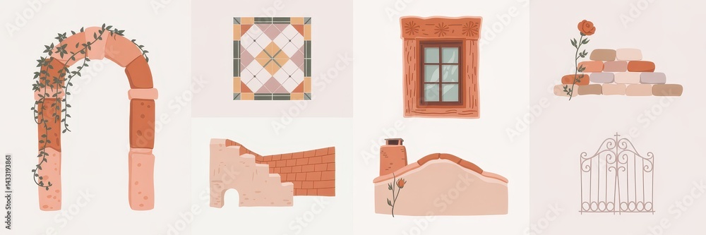 Collection of terracotta-toned architectural elements Collection of terracotta-toned architectural elements
