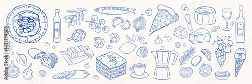 Italian food doodle icons. Pizza, pasta, tomato, lemon, cheese, olive, wine, espresso, grissini vintage drawing.