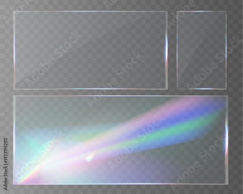 Transparent glass overlays with rainbow glare, prism effect, and glowing light reflections.	