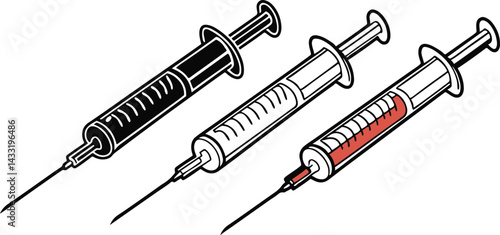 Medical Syringes Illustration: Illustrative representation of several medical syringes, essential tools for healthcare, containing different liquids and indicating medical treatments.