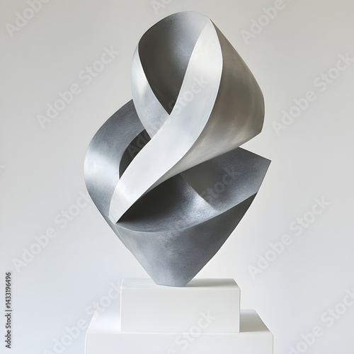 Elegant Form: A stunning sculpture of folded metal graces a simple white pedestal, inviting contemplation of form, texture, and artistic innovation. 