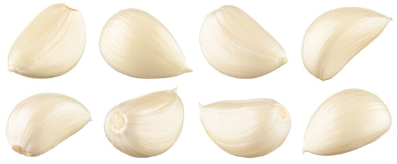 Garlic cloves png. Garlic clove on white or transparent background. Perfect retouched garlic no background collection. Top view. Transparent png. Full depth of field.