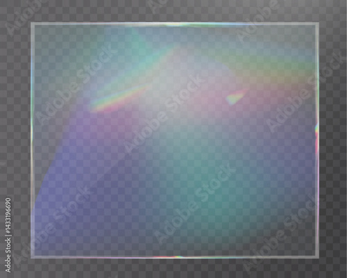 Transparent glass overlays with rainbow glare, prism effect, and glowing light reflections.	
