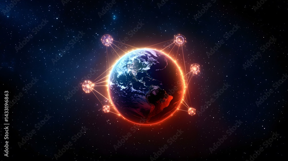 Obraz premium The image shows a glowing Earth surrounded by a network of interconnected nodes in space.