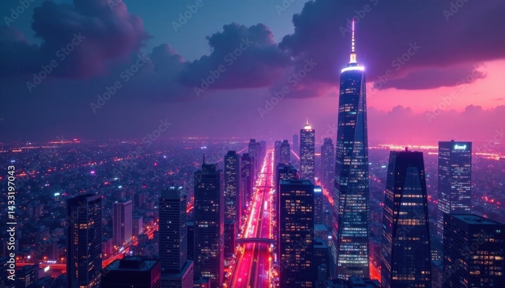 Fototapeta premium Modern cityscape with skyscrapers and neon lights, urban landscape, technology, architecture