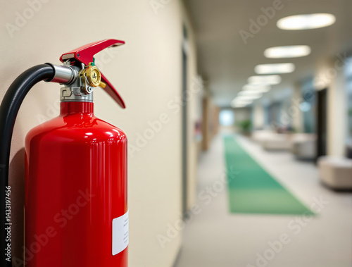 red fire extinguisher on a wall in a modern hallway