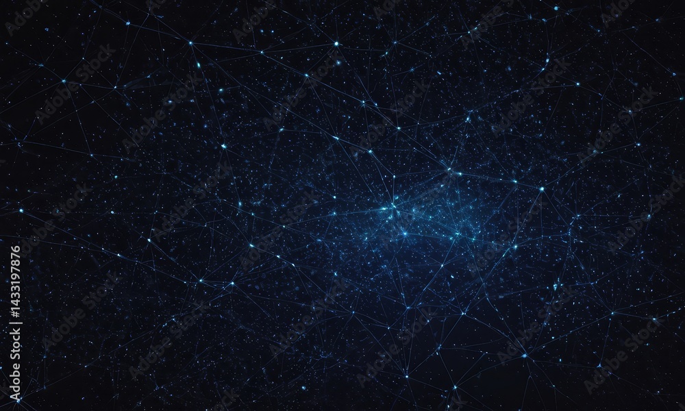 Obraz premium Complex Network Connection with Blue Dots, Data Flow and Digital Grid
