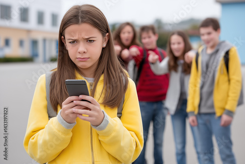 Cyberbullying at school. Teenage girl gets teased by boys and girls while checking messages on her mobile phone. Adolescence and social rejection