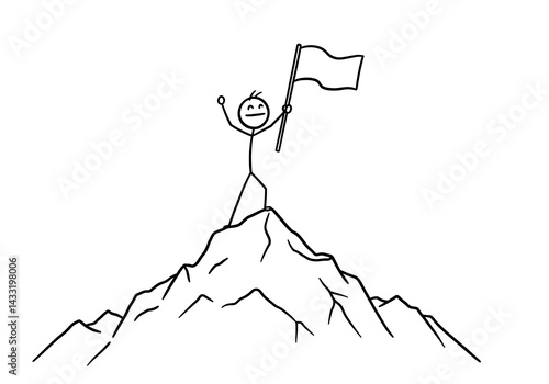 Stick Figure Reaching Mountain Top with Flag: Success Concept