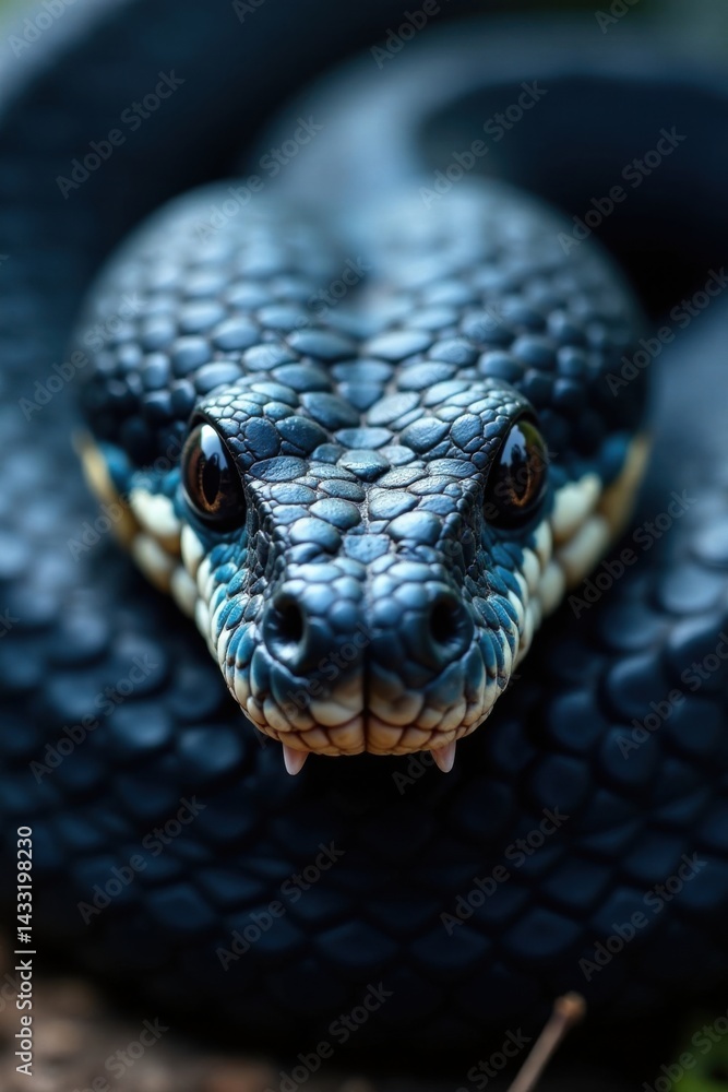 Fototapeta premium Venomous snake's facial features, dark blue scales, sharp fangs, venomous species, wildlife