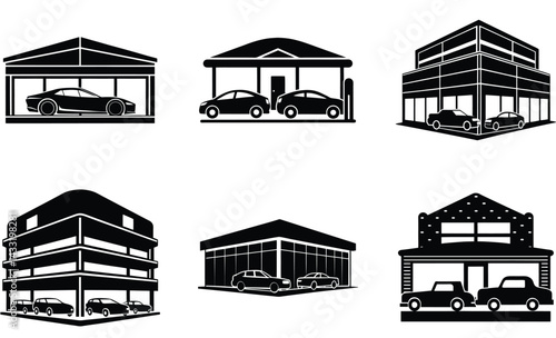 Car Showroom Silhouette Vector Set - Automotive, Dealership, Vehicles, and Display

