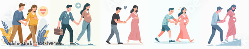 vector set of man helping pregnant woman walking