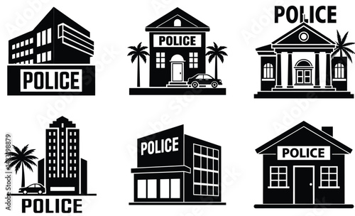 Police Station Silhouette Vector Set – Law Enforcement Building Collection

