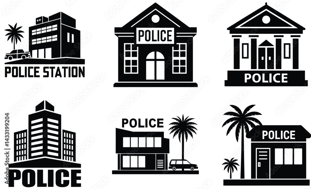 Fototapeta premium Police Station Silhouette Vector Set – Law Enforcement Building Collection