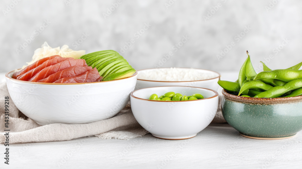 Fresh sushi bowl with colorful toppings and edamame garnish for culinary enthusiasts Fresh sushi bowl with colorful toppings and edamame garnish for culinary enthusiasts