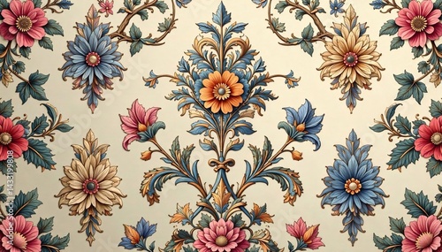 Intricate floral damask pattern in muted tones, seamless, texture, background