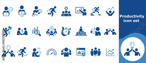 Productivity icon set, decision, bulb, change, worker, people, management, CV, collaboration, person, report, work, tools, organized, multitasking, focus, operation and more