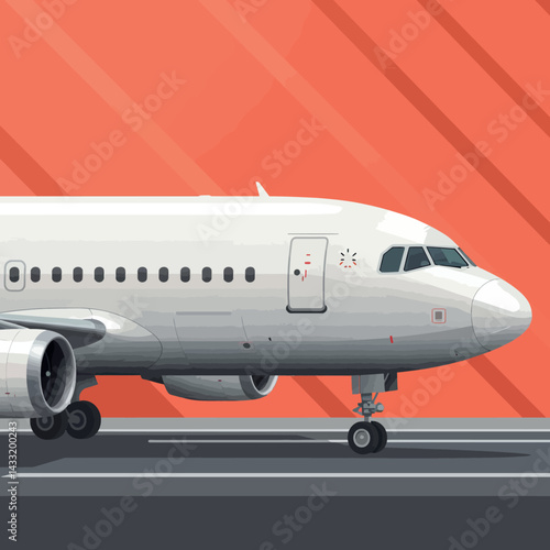 Airplane landing on runway with orange background vector illustration in landscape format 