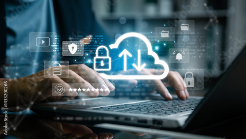 The concept of cloud file storage and backup, Cloud based file storage and secure data backup solution with encrypted privacy protection. real-time synchronization, and access for file management. 