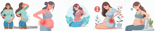 pregnant woman vector set with stomachache