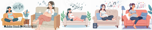 set vector pregnant woman relaxing on the sofa with music