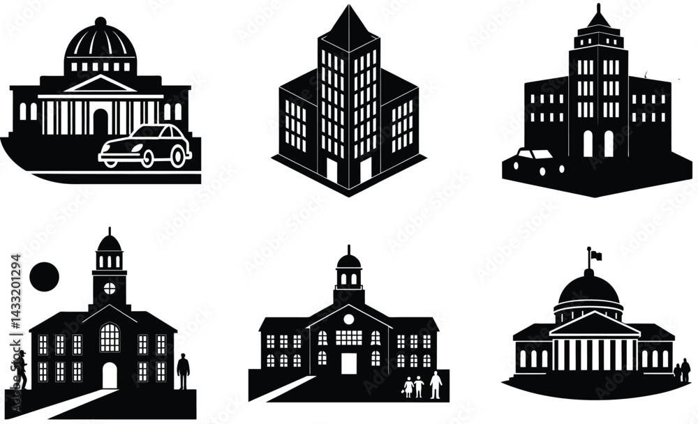 Fototapeta premium University With Tree Silhouette Vector Set – Educational Campus Building Collection
