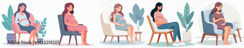 set vector pregnant woman sitting on chair