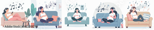 set vector pregnant woman relaxing on the sofa with music