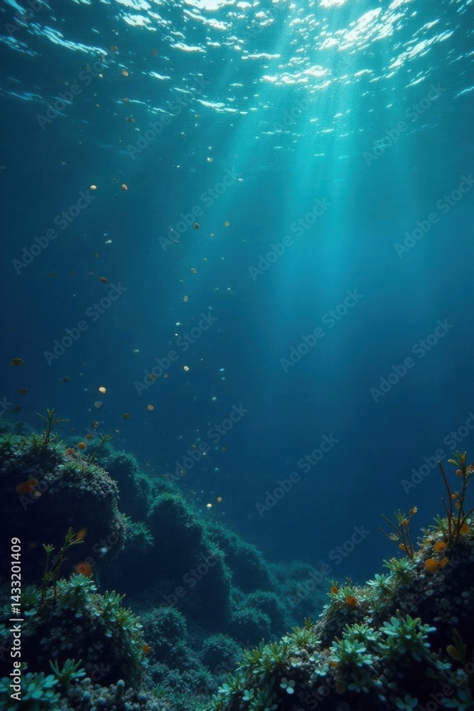 Obraz premium deep dark blue ocean surface with scattered seaweed, water, reflection, marine life