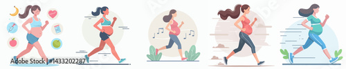 pregnant woman jogging vector set