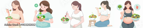 pregnant woman eating salad vector set