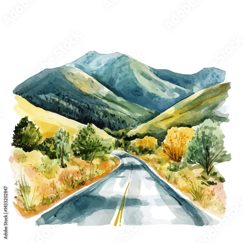 illustration of Road Trip Through The Mountains, watercolor vector, isolated on a white background.