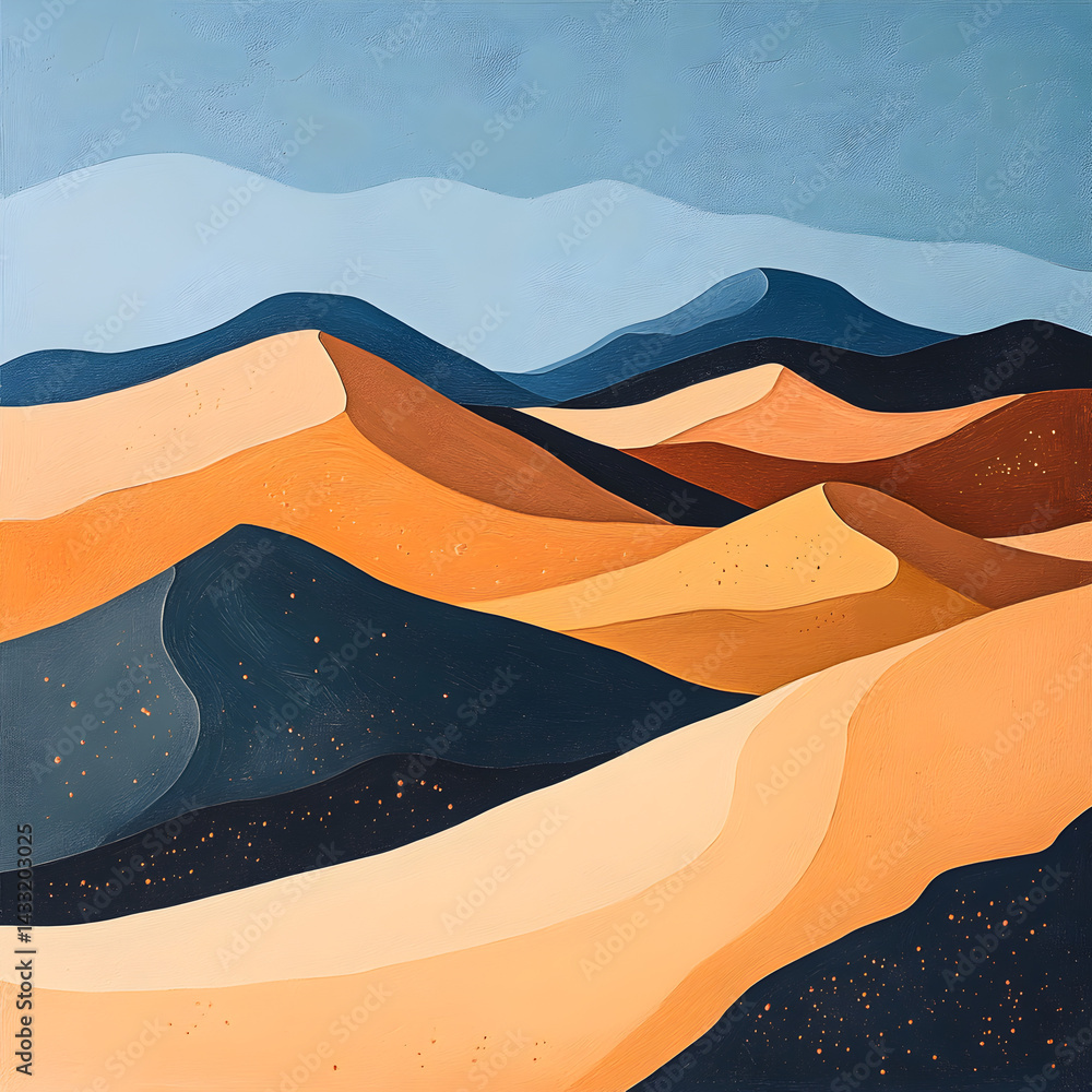 Desert Serenity: A stylized depiction of a vast desert landscape, showcasing rolling sand dunes in warm hues beneath a serene sky, evoking a sense of peace and timelessness. Desert Serenity: A stylized depiction of a vast desert landscape, showcasing rolling sand dunes in warm hues beneath a serene sky, evoking a sense of peace and timelessness.