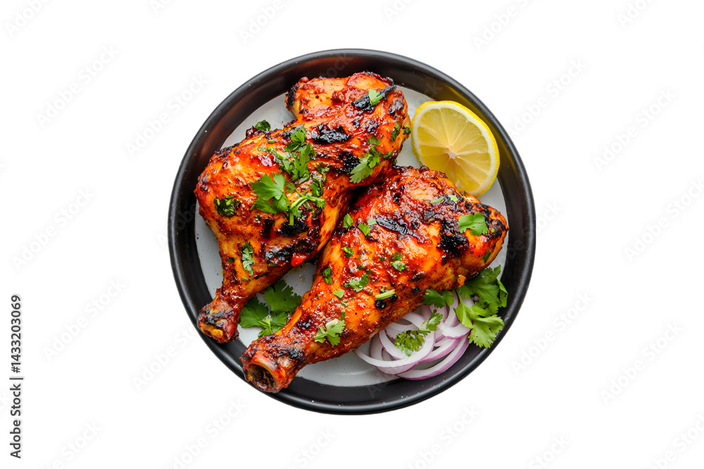 Fototapeta premium Delicious Grilled Chicken Legs Lemon Cilantro Onions