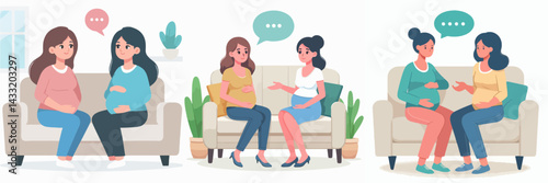 pregnant woman vector set talking to her friend