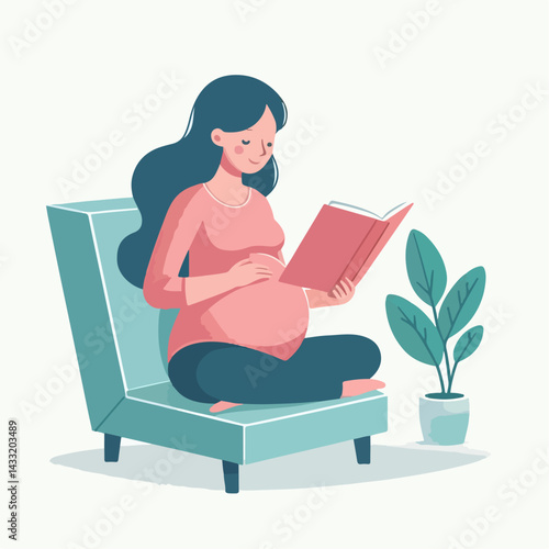 set vector pregnant woman reading a book sitting on a chair