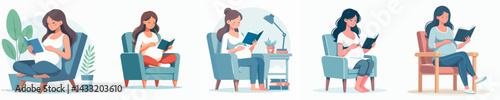 set vector pregnant woman reading a book sitting on a chair