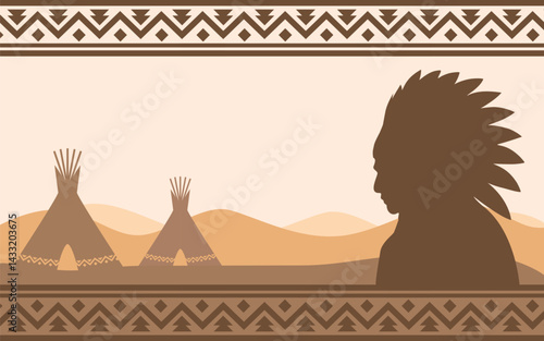 Native American Day background design with Indian chief head logo hand drawn illustration. Suitable to use on Native American day event on United States of America