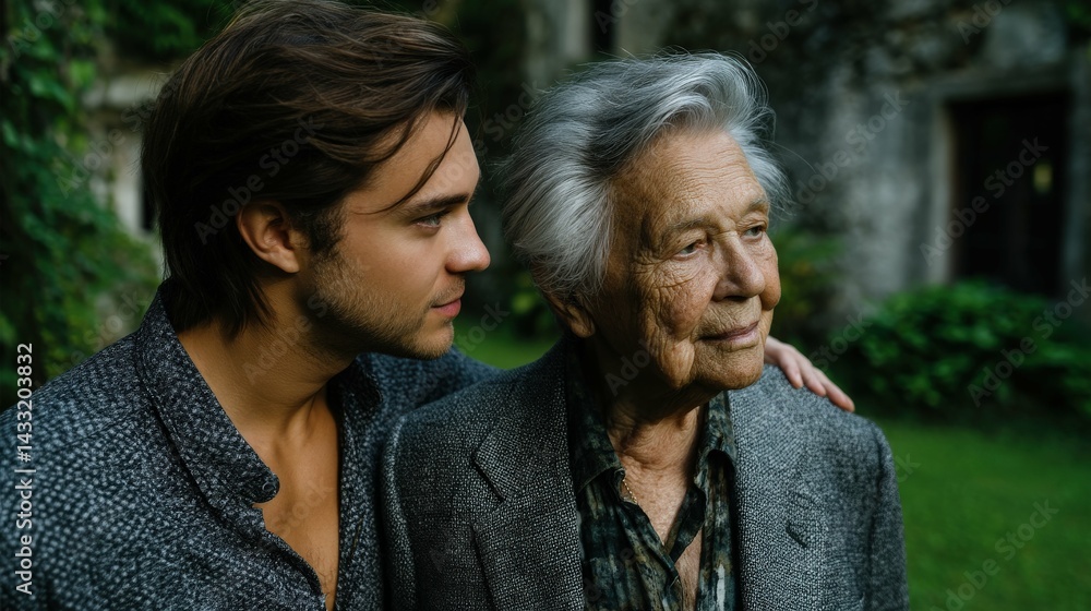 Obraz premium Son helps elderly father walk outside
