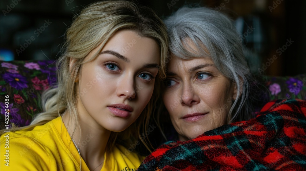Fototapeta premium Elderly woman receiving home care, blond, together, friendship, nature, hair