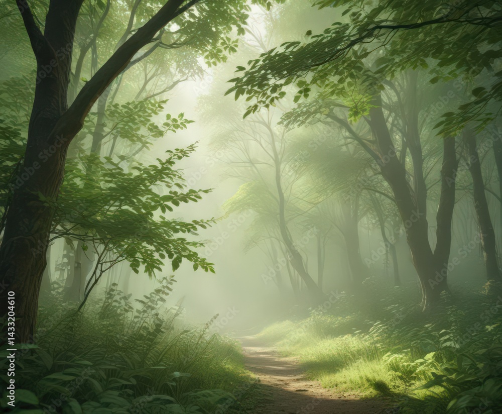 Naklejka premium Soft, blurred green leaves create an ethereal, hazy forest backdrop , tranquil, blurry