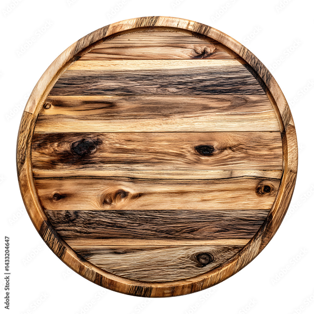 Fototapeta premium Round wooden cutting board with visible grain and texture on a white background.
