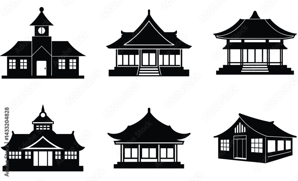 Fototapeta premium Japanese School Silhouette Vector Set – Traditional Education Building Collection