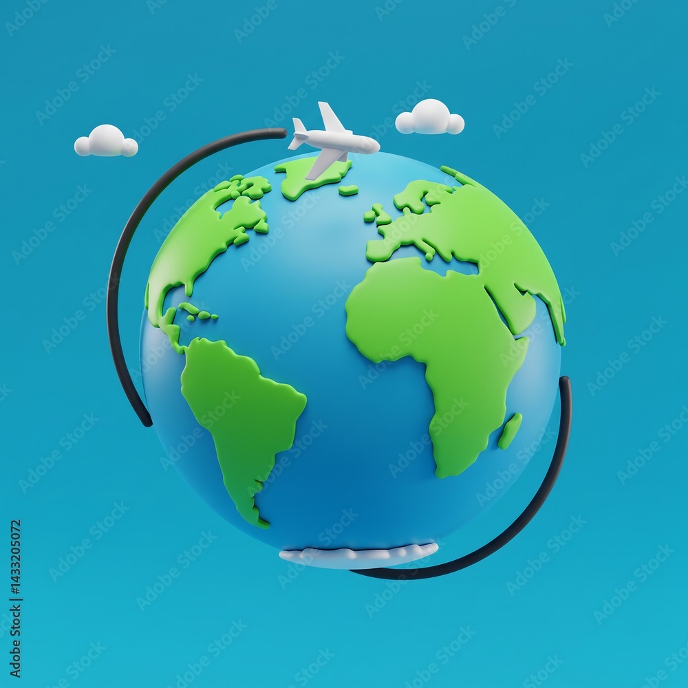 Naklejka premium Global Travel: Airplane Flying Around Earth Globe 3D Rendering